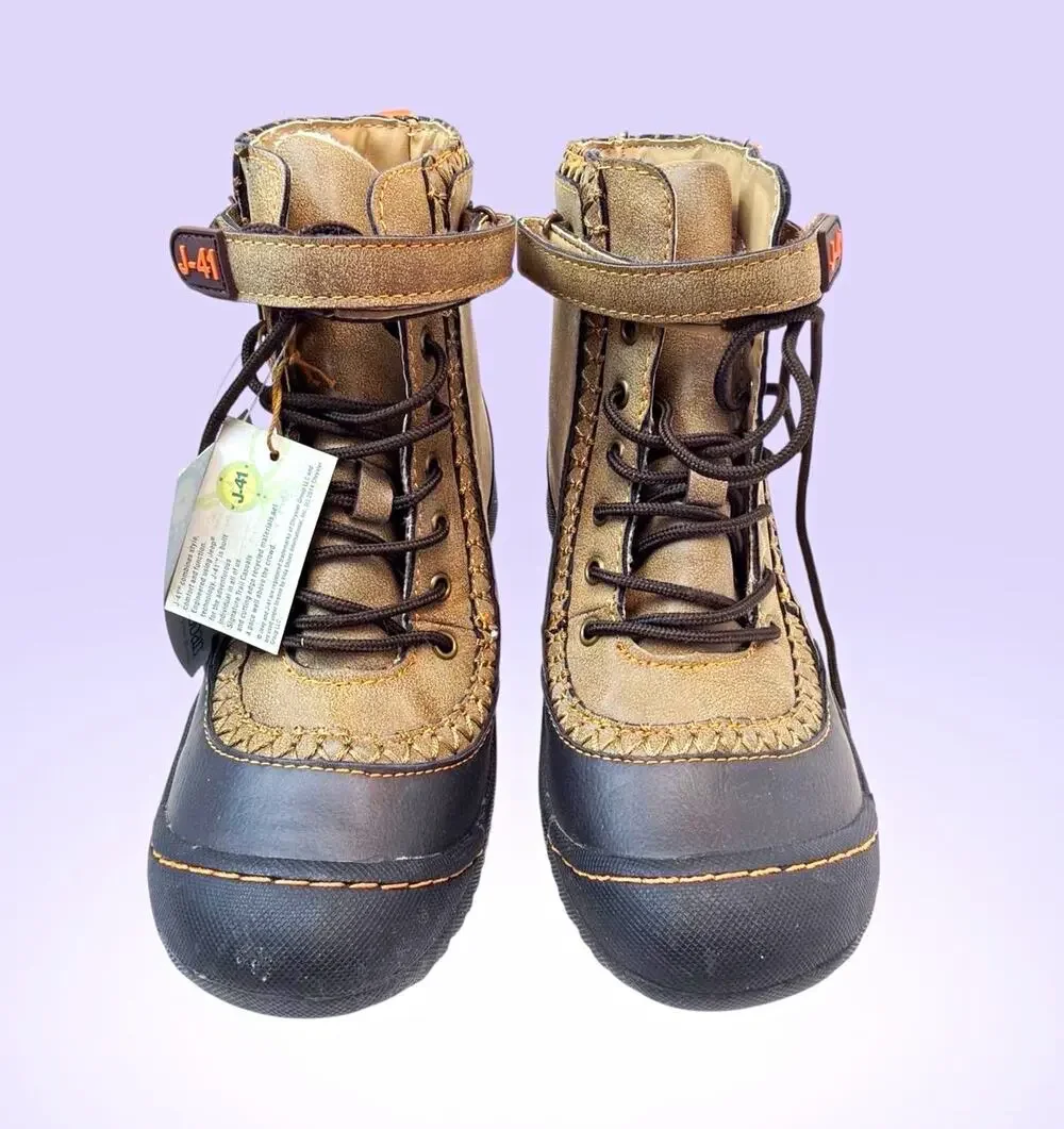 J-41 AdventureOn Boys Ankle Boots Tan/Black Lace Up Faux Fur Lined US 6.5M